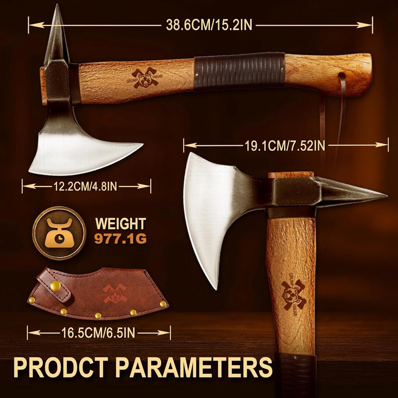 GRUMPY BEAR 15" Survival Axe Camping Hatchet – Forged High Carbon Steel Blade with Walnut Wood Handle – Anti-Slip Grip – Ideal for Bushcraft, Wood Splitting & Outdoor Adventures Black - Image 4